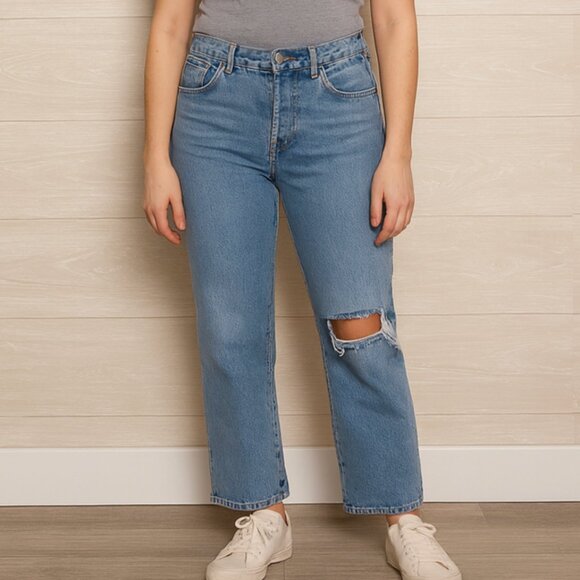 Good American Distressed Straight Leg Jeans Size 2/26 Medium Wash Denim - Picture 1 of 7
